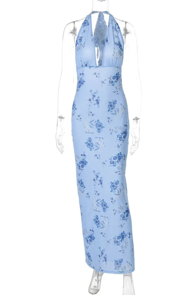 Glorol - Backless Printed Deep V Neck Sleeveless Bodycon Maxi Dress