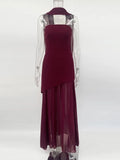 Glorol - Elegant Strapless Scarf Ribbon Patchwork Maxi Dress