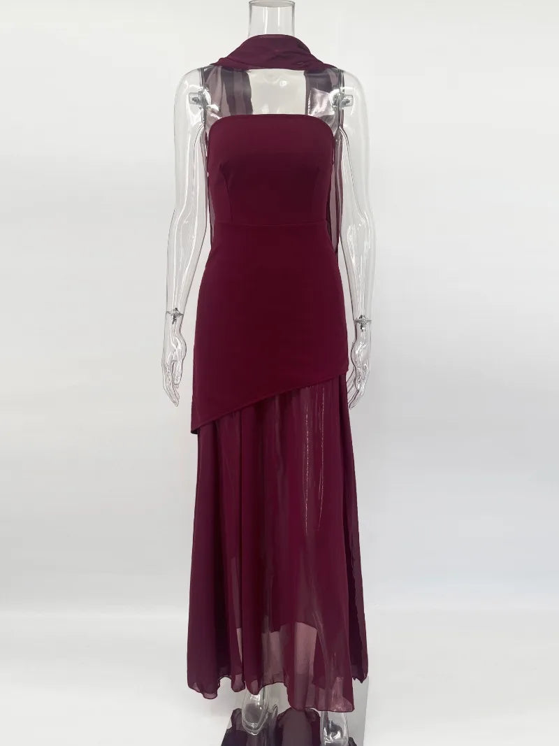Glorol - Elegant Strapless Scarf Ribbon Patchwork Maxi Dress