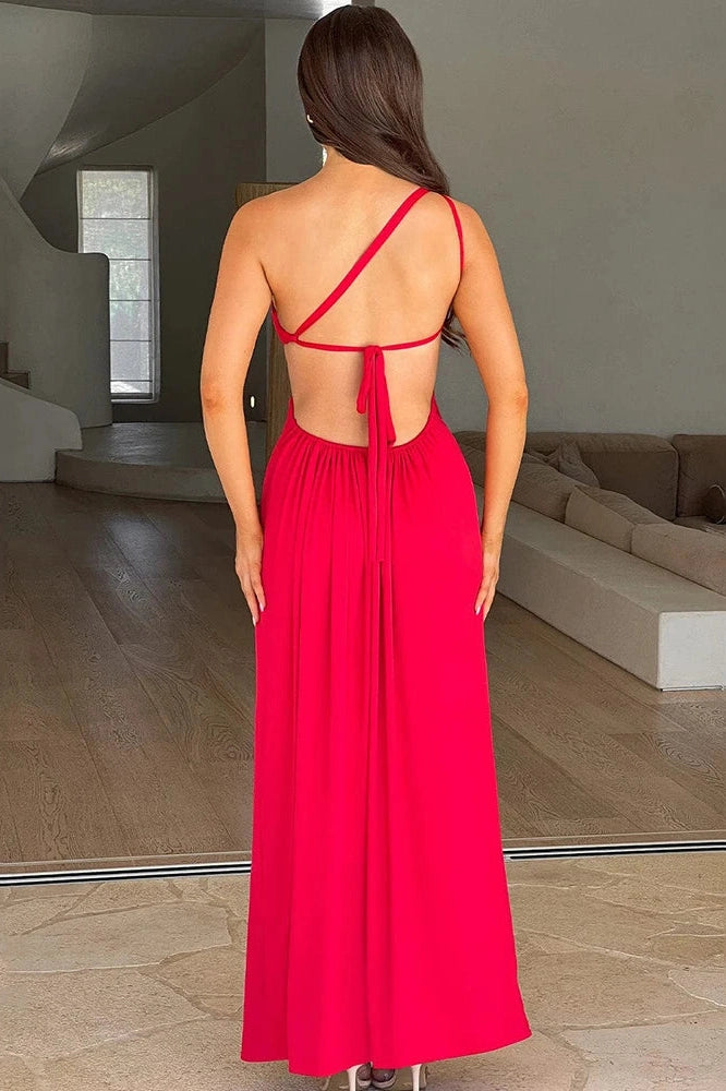 Glorol - One Shoulder Diagonal Collar Backless Maxi Dress