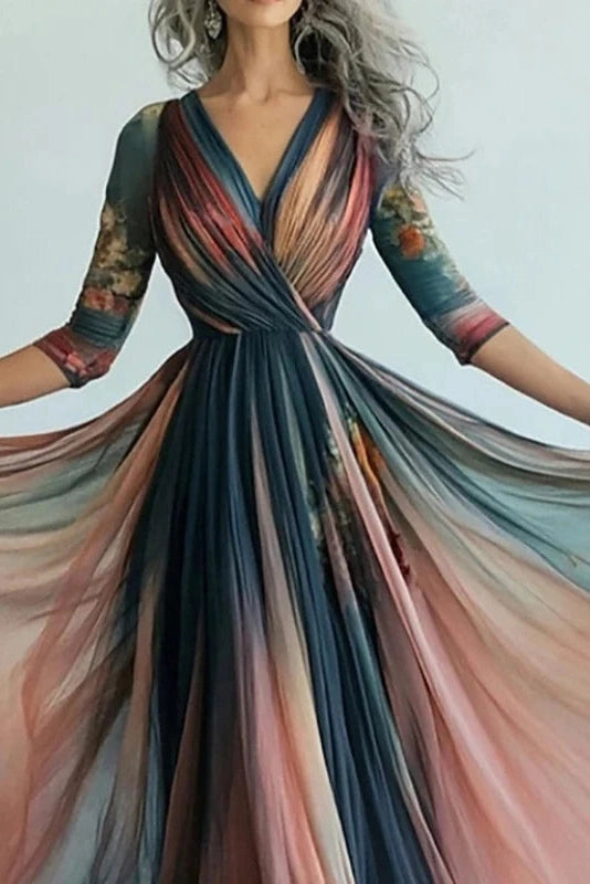 Glorol - Elegant Pleated V Neck Long Sleeve Printed Maxi Dress