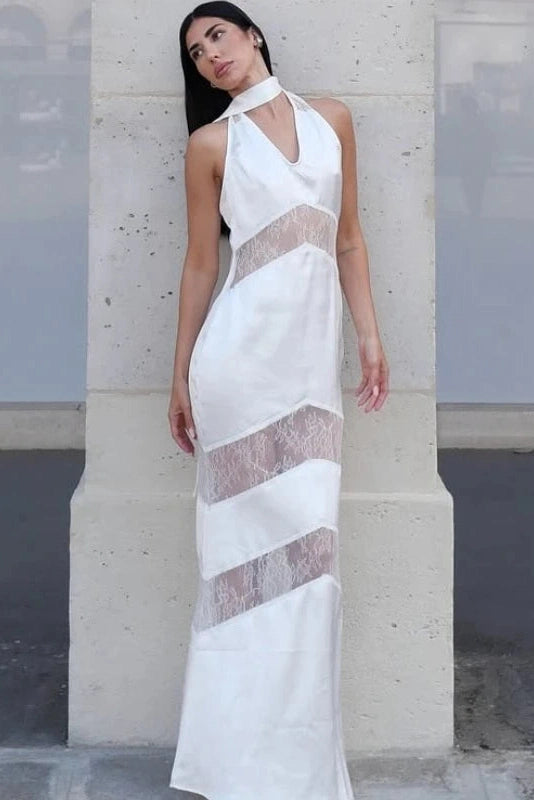 Glorol - Hollow Lace Sleeveless Lace-Up V-Neck Maxi Dress