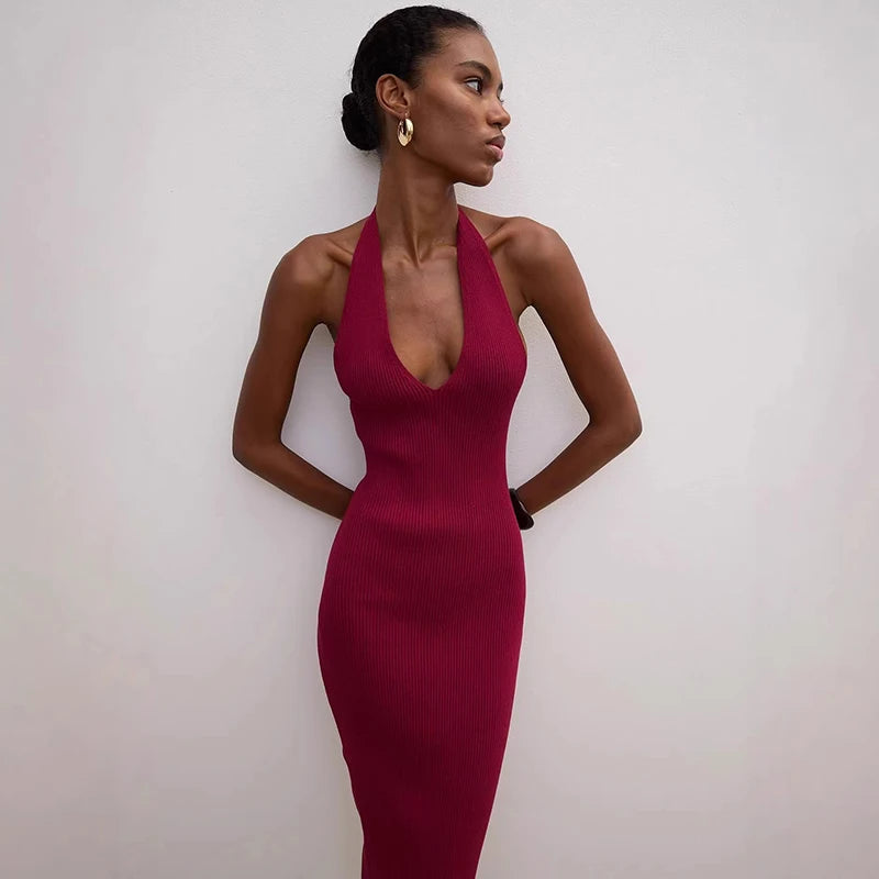 Glorol - Knitted V-Neck Sleeveless Slim Midi Dress