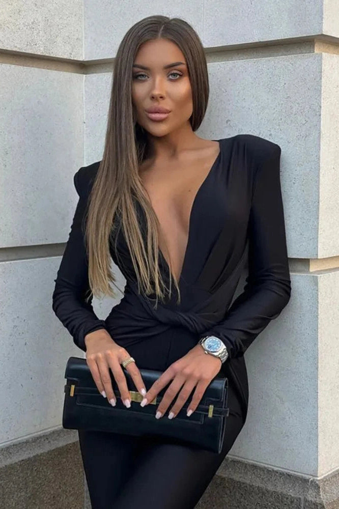 Glorol - Deep V Neck Long Sleeve High Waist Jumpsuit