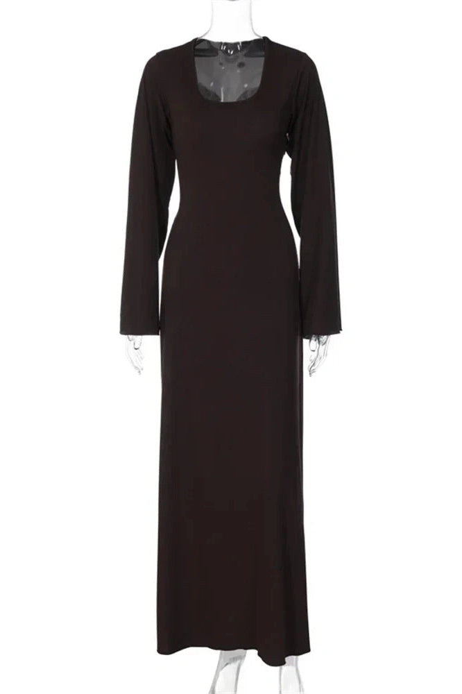 Glorol - Lace-Up Long Sleeve Slim Loose Maxi Dress