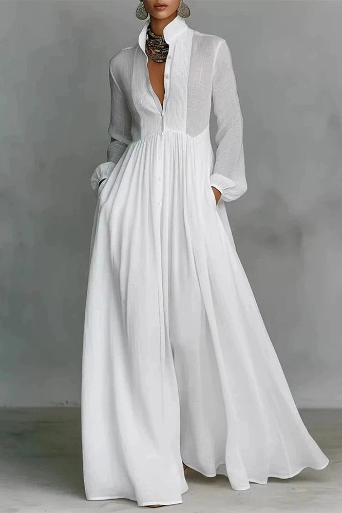 Glorol - Elegant Long Sleeve Pleated High Waist Maxi Dress