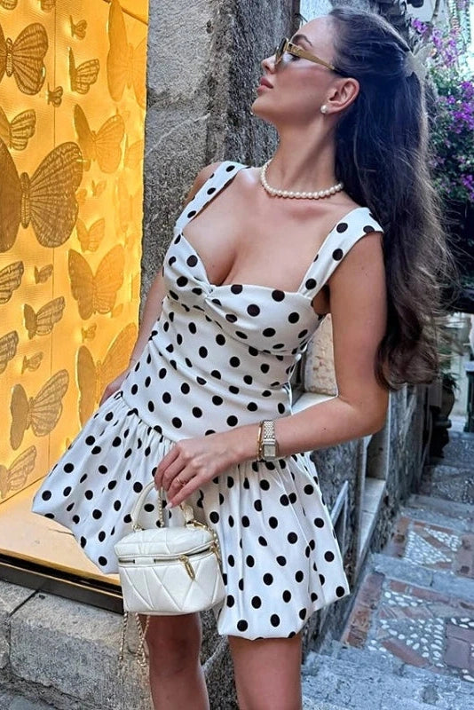 Glorol - Polka Dot V-Neck Sleeveless Backless Slim Mini Dress