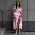 Glorol - Off Shoulder Short Sleeve Lace Printed Slit Maxi Dress