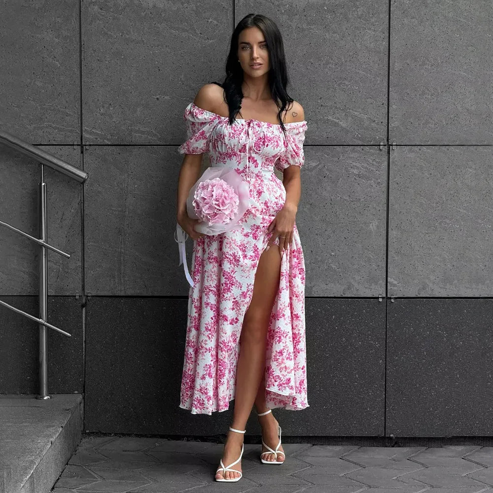 Glorol - Off Shoulder Short Sleeve Lace Printed Slit Maxi Dress