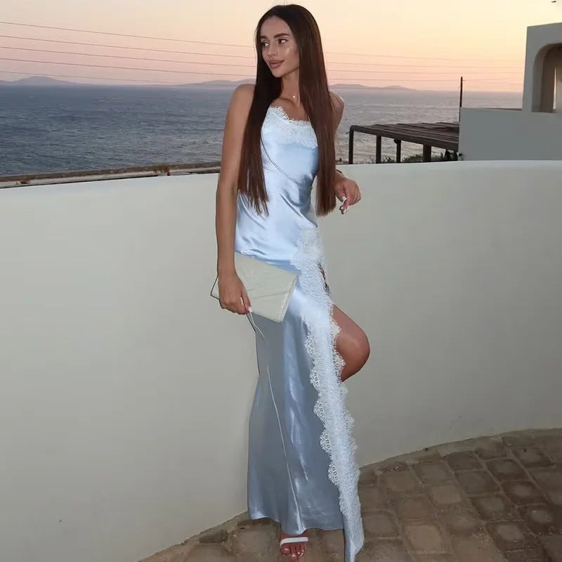 Glorol - Elegant V-Neck Patchwork Backless Maxi Dress