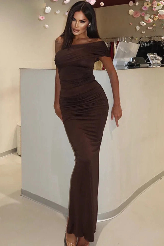 Glorol - Oblique Shoulder Split Sleeveless Slim Fit Maxi Dress