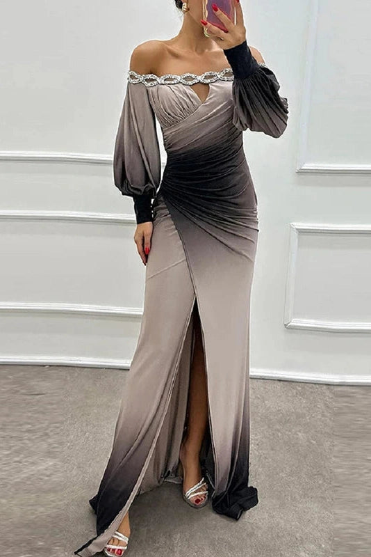Glorol - Off Shoulder Patchwork High Waist Pleated Slim Sleeves Maxi Dress