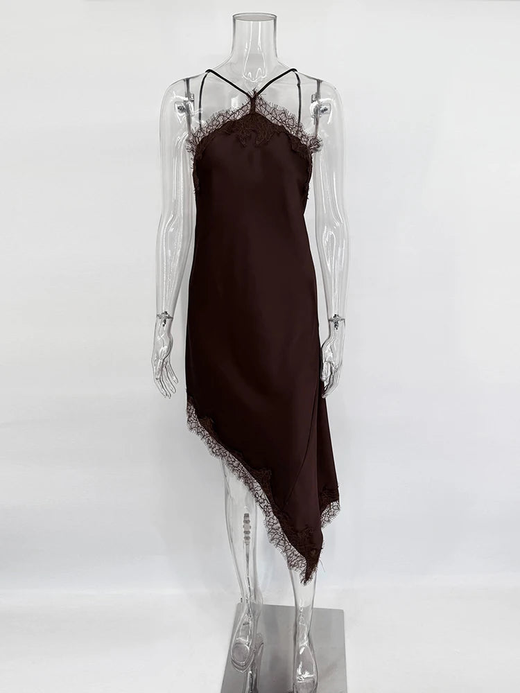 Glorol - Lace Backless Spaghetti Strap Irregular Midi Dress