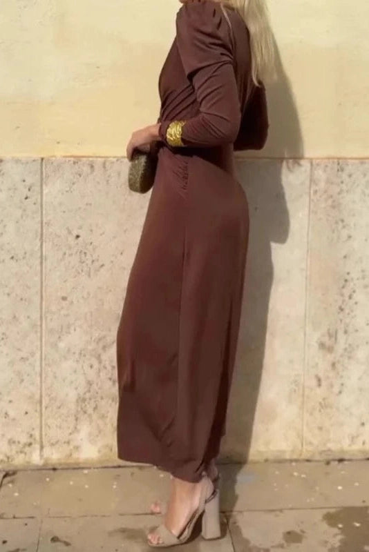 Glorol - Elegant V-Neck Slim Long Sleeve High Waist Maxi Dress