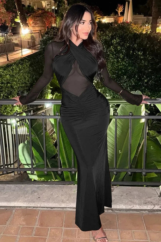 Glorol - Hollow Out Long Sleeve O Neck Bodycon Maxi Dress