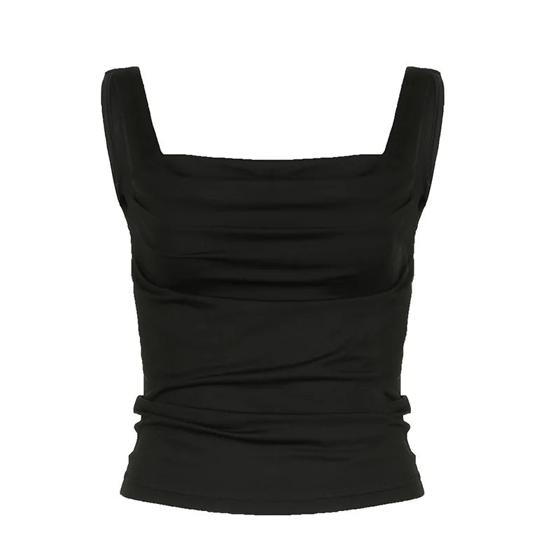 Glorol - Slim Backless Square Collar Pleated Sleeveless Top