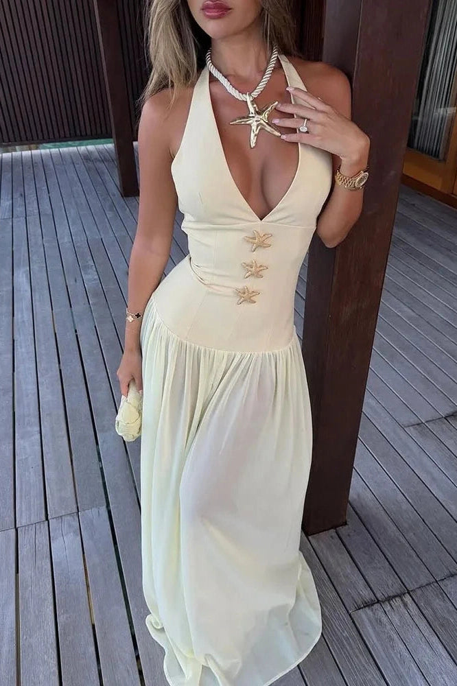 Glorol - Backless Deep V Neck Sleeveless Maxi Dress