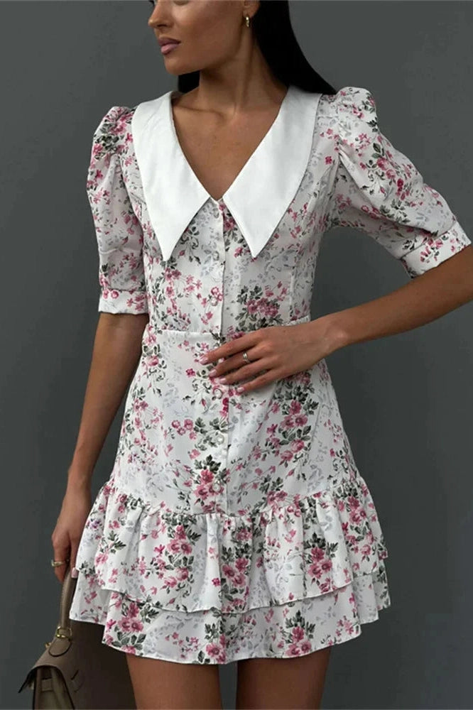 Glorol - Printed V-Neck Short Sleeve Slim High Waist Mini Dress