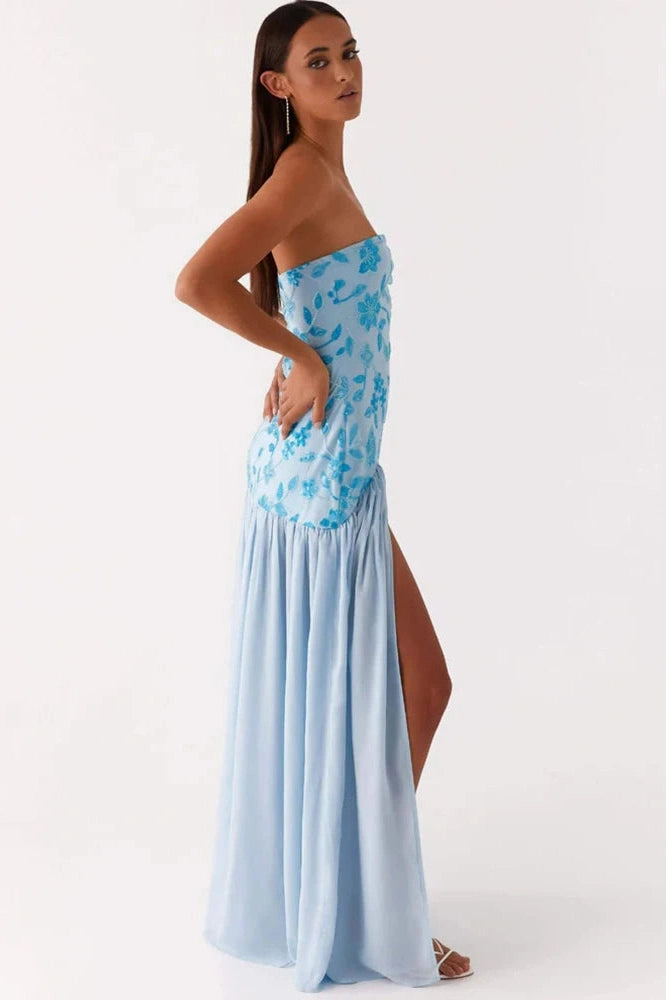 Glorol - Off-Shoulder Split Print Strapless Backless Pleated Maxi Dress
