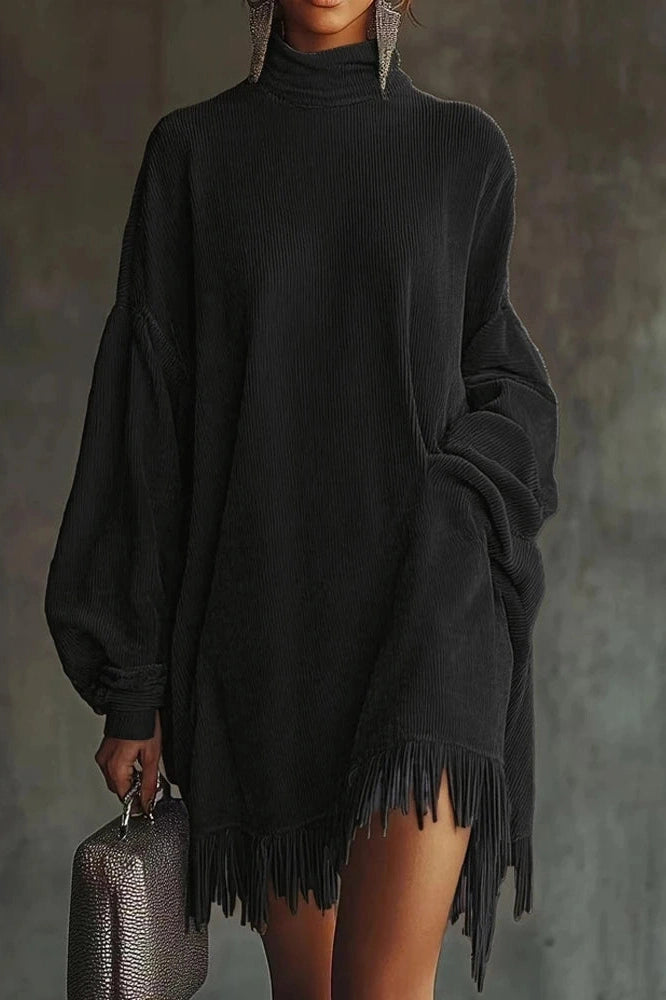 Glorol - Elegant High Waist Long Sleeve High Collar Loose Mini Dress