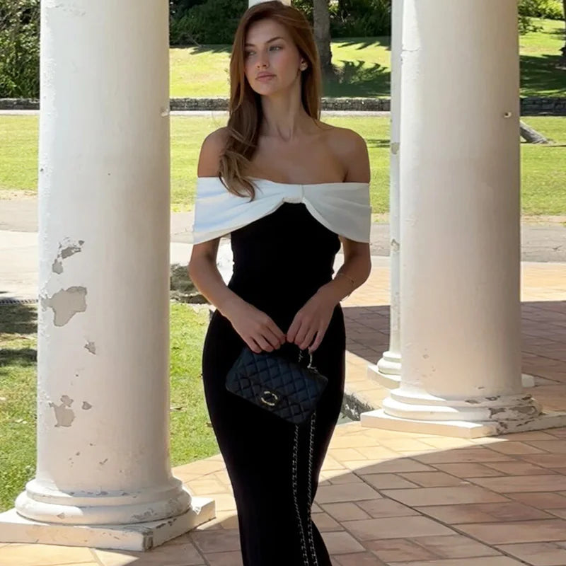 Glorol - Off Shoulder Patchwork Backless Maxi Dress
