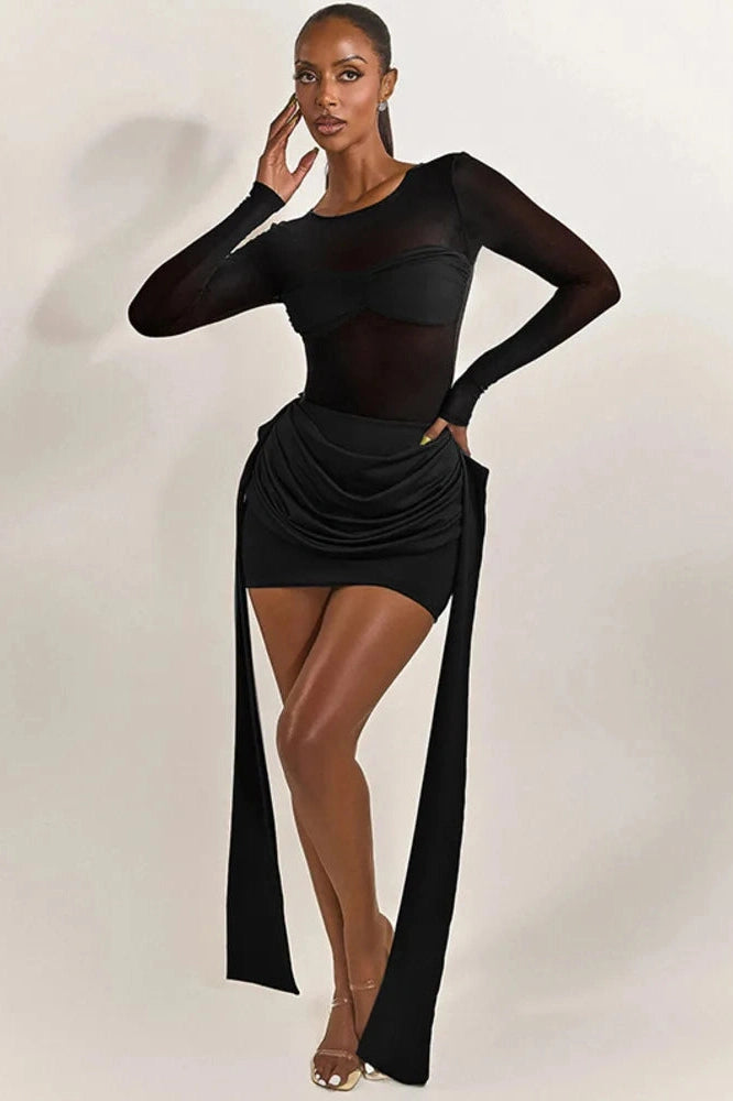 Glorol - Patchwork See Through Long Sleeve Mini Dress