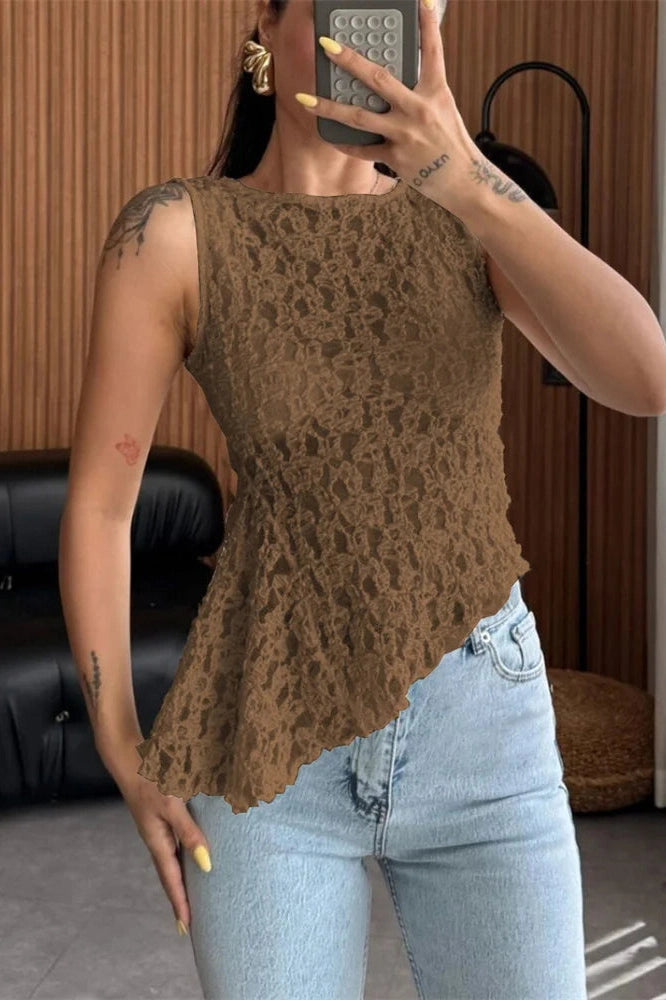Glorol - Lace Printed See-Through Sleeveless Patchwork Top