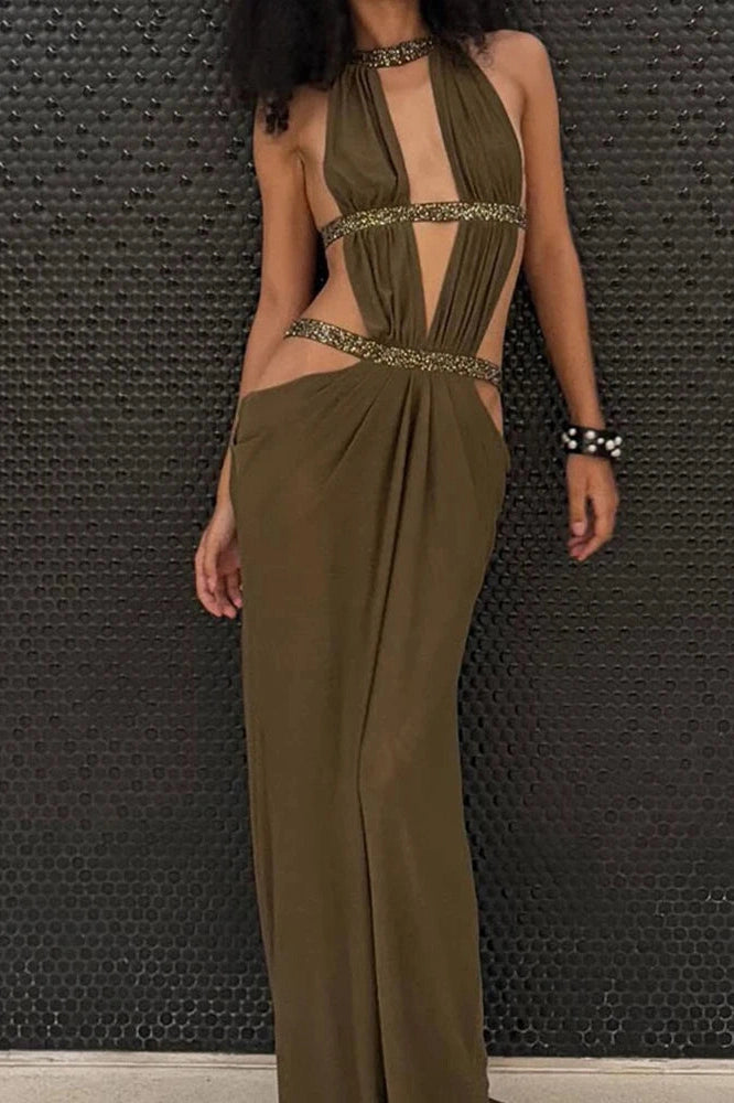 Glorol - Hollow Out Backless Sleeveless Pleated Slim Maxi Dress