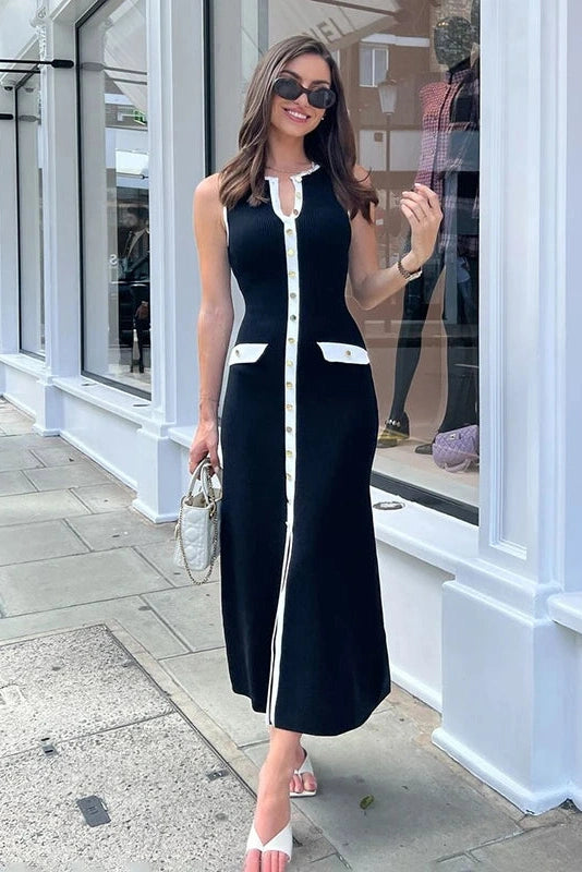 Glorol - Elegant Sleeveless Single-Breasted Bodycon Knitted Midi Dress