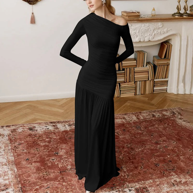 Glorol - Off Shoulder Patchwork Pleated Long Sleeve Maxi Dress