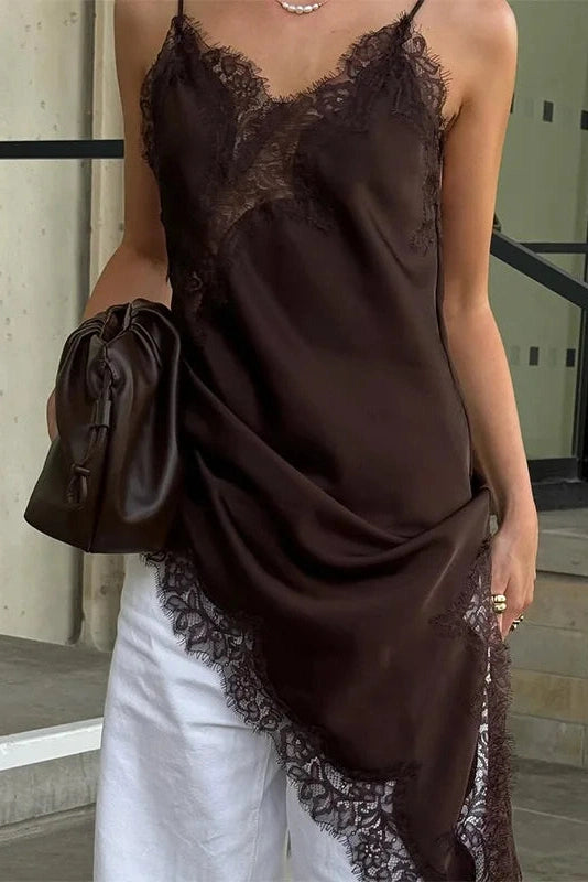 Glorol - Lace Backless Slit Spaghetti Strap Slim High Waist Irregular Mini Dress