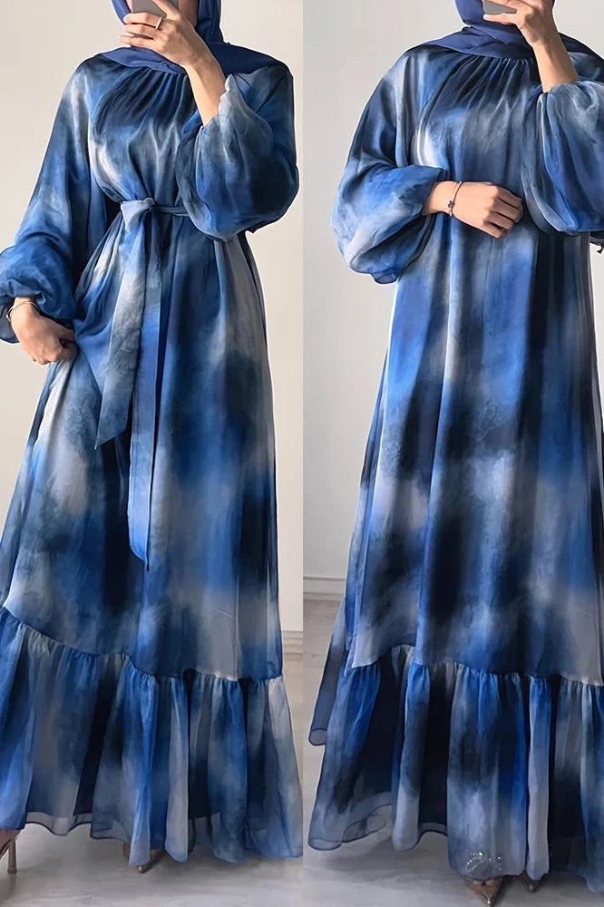 Glorol - Pleated O-Neck High Waist Lace Print Long Sleeve Maxi Dress
