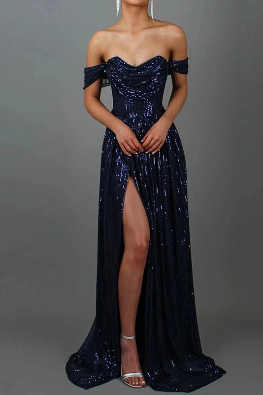 Glorol - Pleated Off Shoulder High Waist Split Maxi Dress