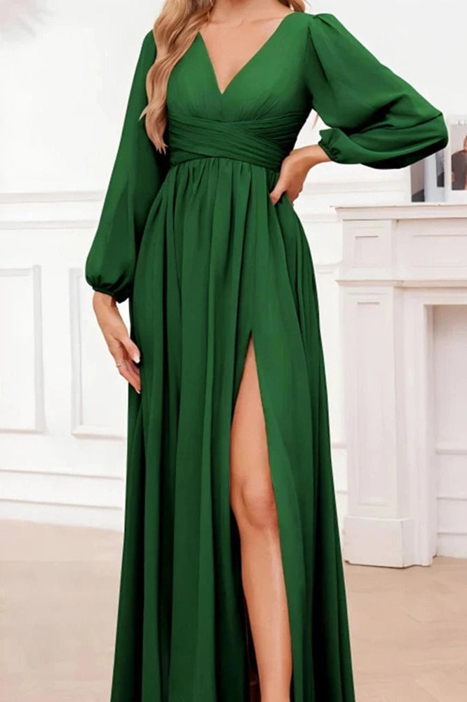 Glorol - Elegant Long Sleeve Loose V-Neck Split Maxi Dress