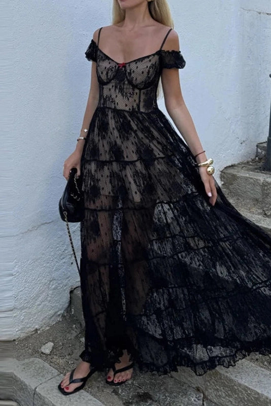 Glorol - Slash Collar High Waist Pleated Lace Maxi Dress