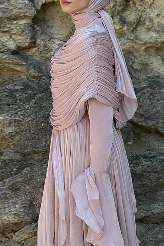 Glorol - Elegant O-Neck High Waist Pleated Irregular Maxi Dress
