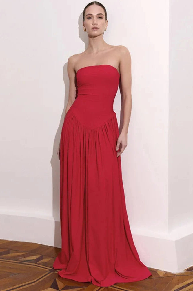 Glorol - Off-Shoulder Strapless Sleeveless Backless Pleated Bodycon Maxi Dress