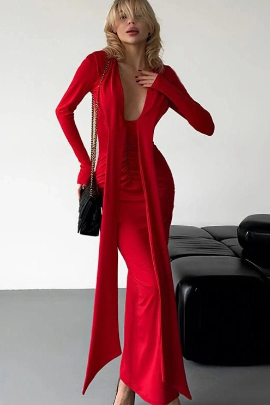 Glorol - Elegant Pleated V-Neck Maxi Dress