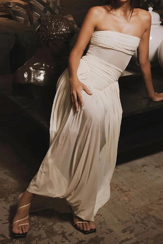 Glorol - Off-Shoulder High Waist Slim Pleated Maxi Dress