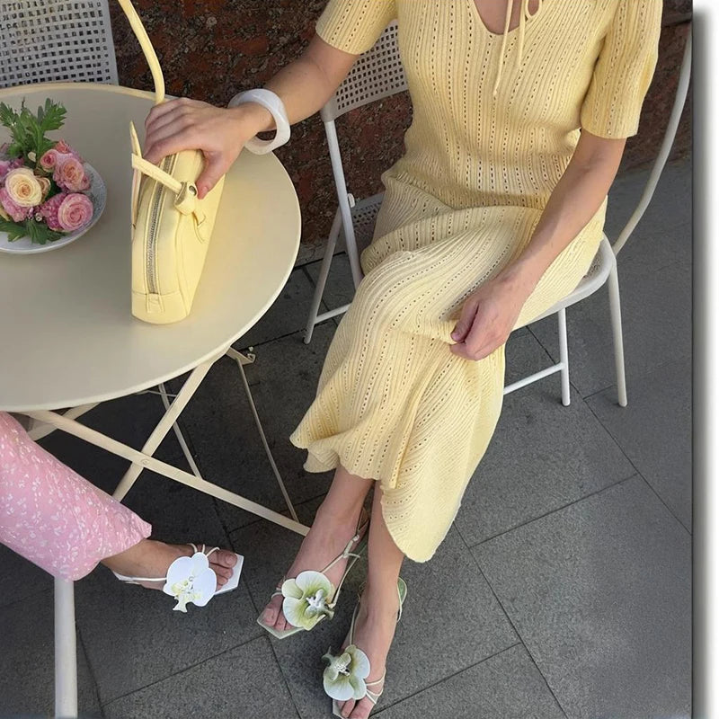 Glorol - Knitted Short Sleeve Slim High Waist Maxi Dress