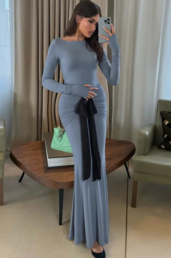 Glorol - Long Sleeve Patchwork O Neck Bodycon Maxi Dress