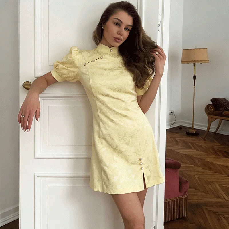 Glorol - Printed Button Patchwork Mini Dress