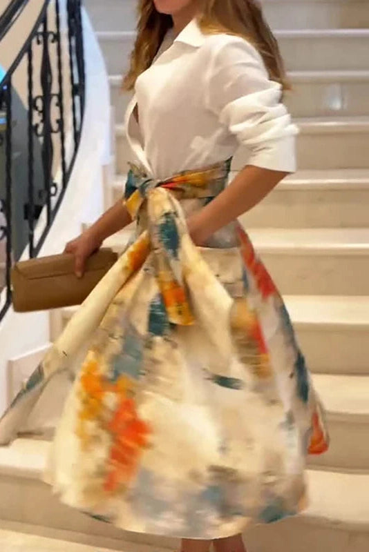 Glorol - Long Sleeve Lace Up Printed High Waist Pleated Midi Dress