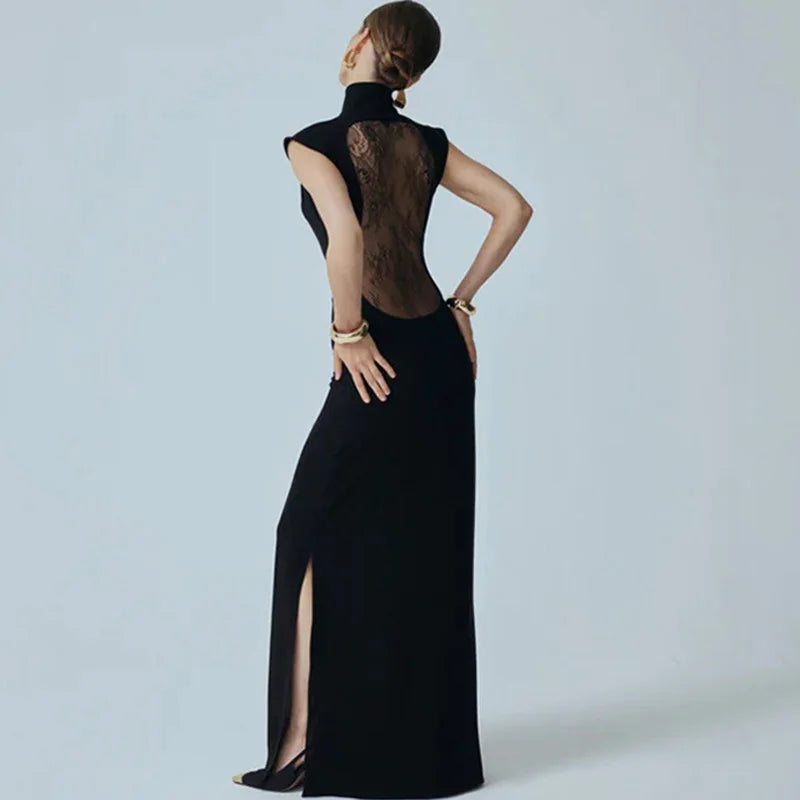 Glorol - Hollow Out High Neck Patchwork Backless Maxi Dress