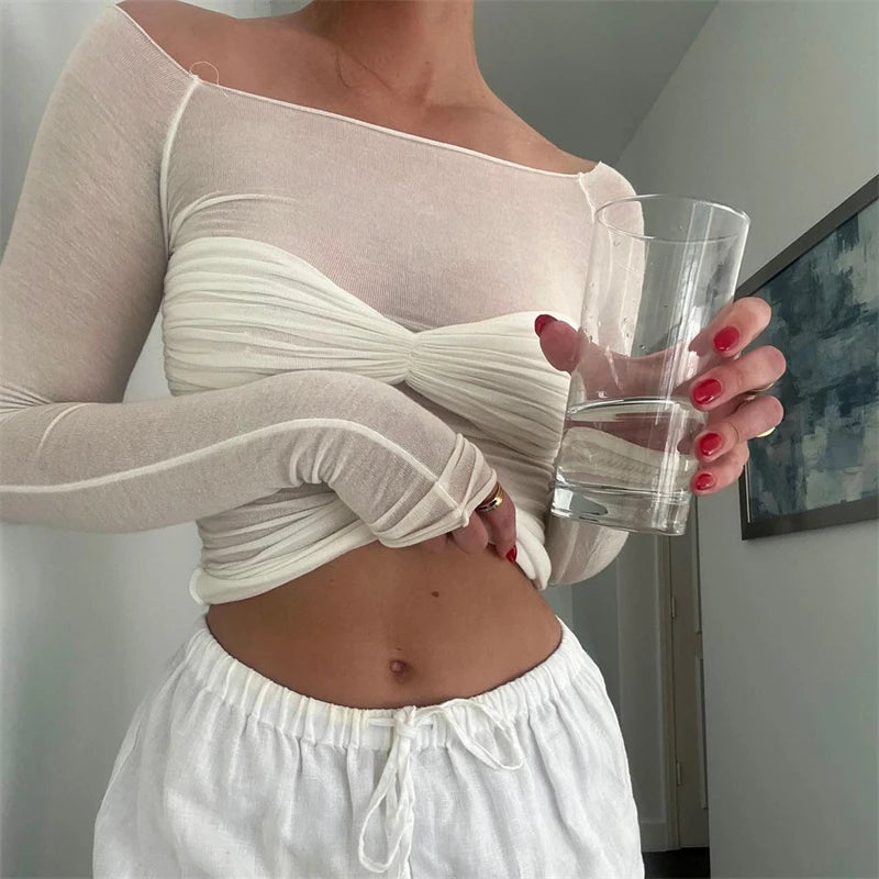Glorol - See-Through Off-Shoulder Lace Long Sleeve Top