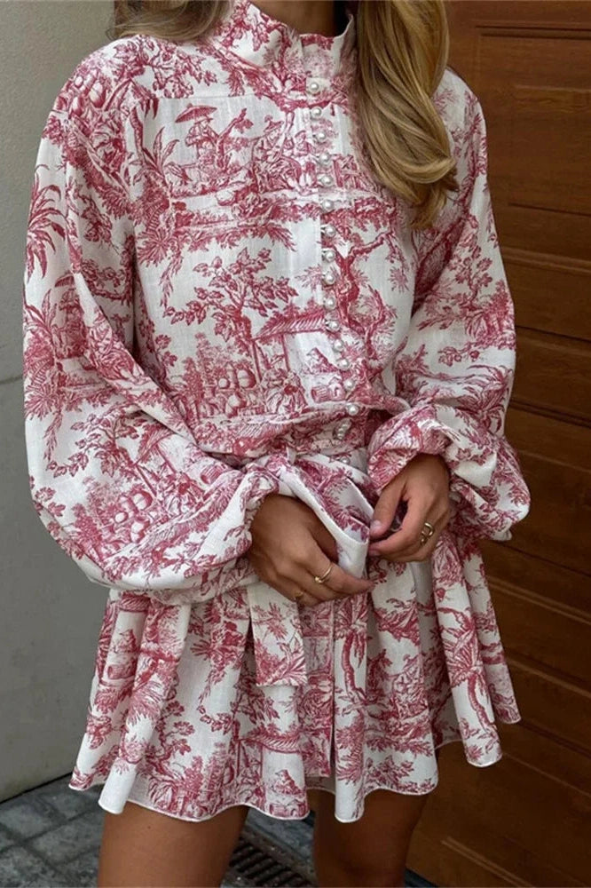 Glorol - Elegant Printed Lace Up Long Sleeve Mini Dress