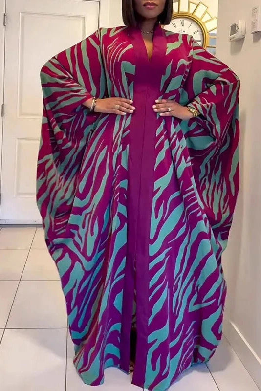 Glorol - Elegant Pleated Sleeves Loose V-Neck Maxi Dress