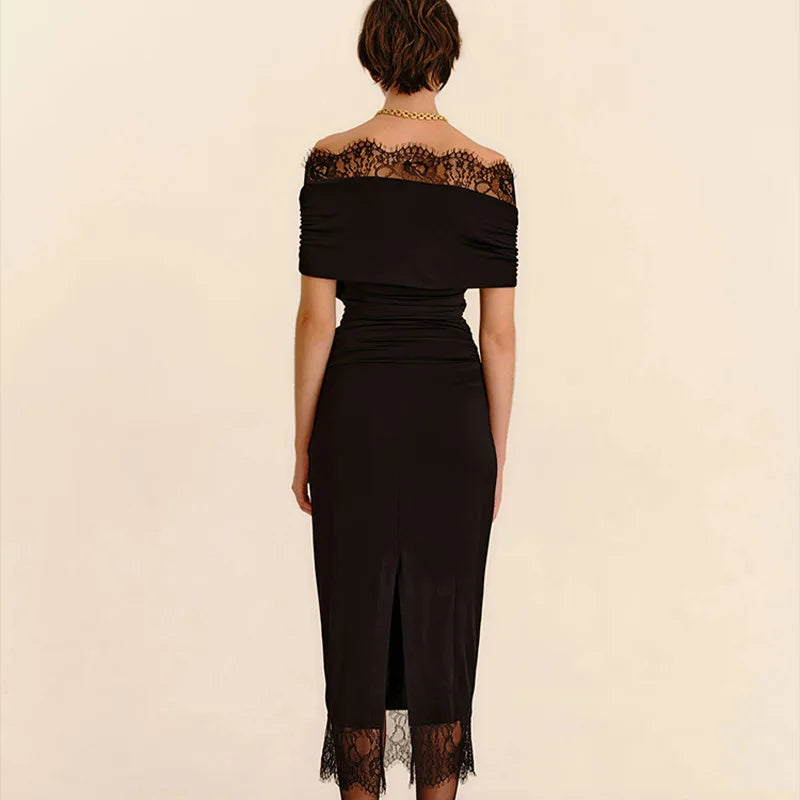Glorol - Lace Deep V-Neck Slim High Waist Midi Dress