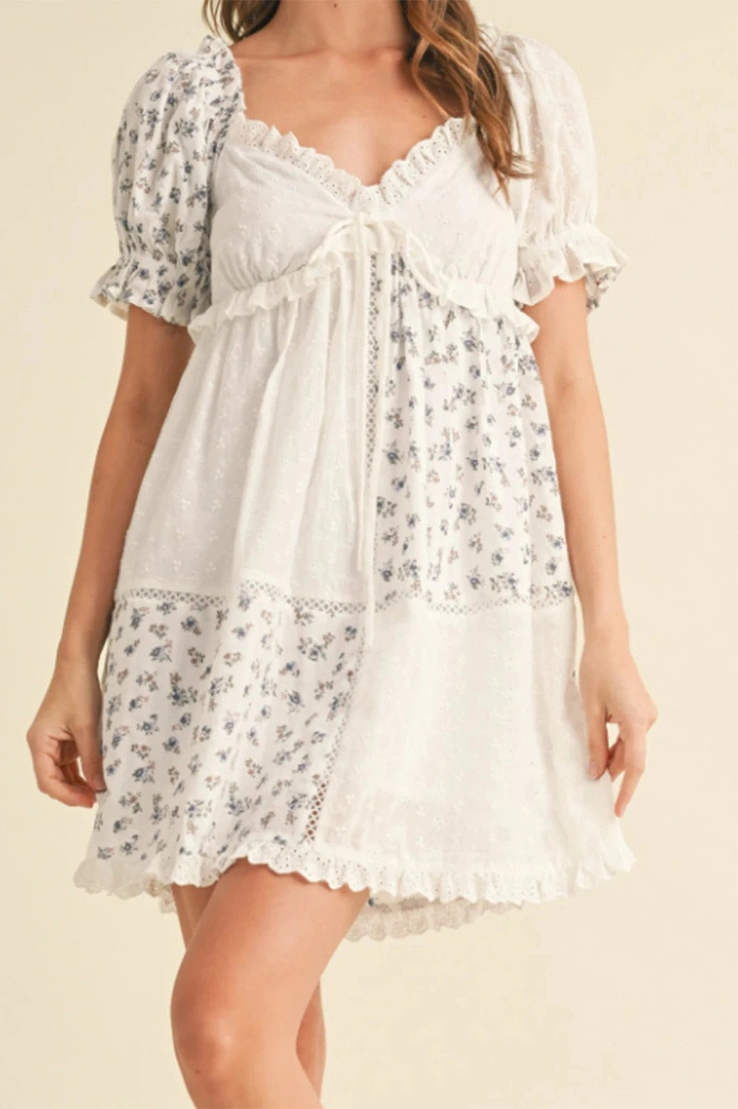 Glorol - Floral Print V Neck Short Sleeve A-Line Mini Dress
