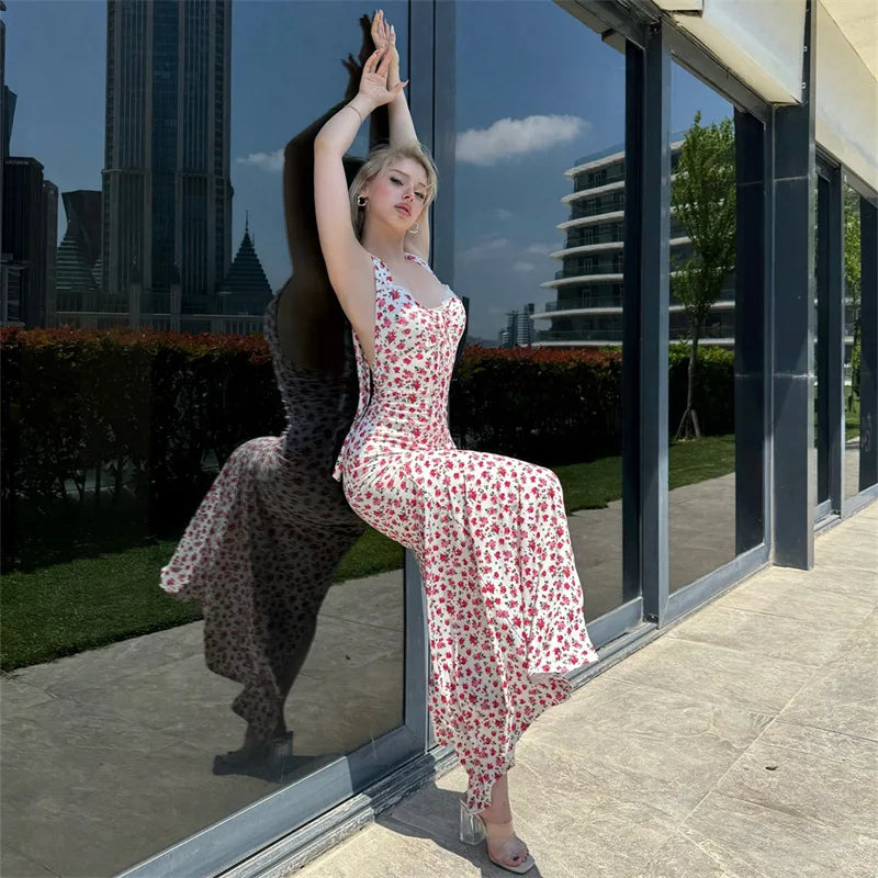 Glorol - Printed Sleeveless Backless Slit Maxi Dress